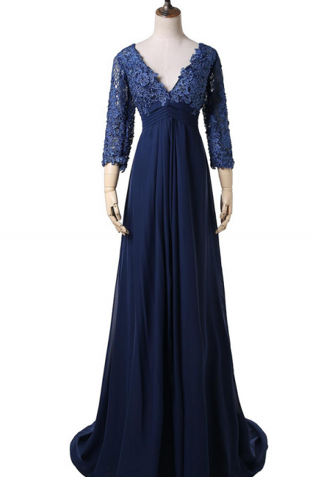 Selling Empire Navy Evening Dresses 3/4 Sleeve V-neck Lace Chiffon Floor Length Party Gowns Zipper Back Custom Made