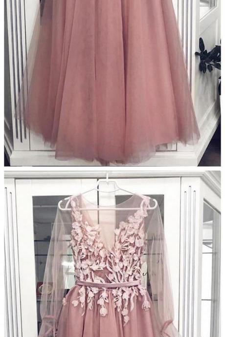 Tulle Lace Long Prom Dress, Pink Tulle Formal Dress