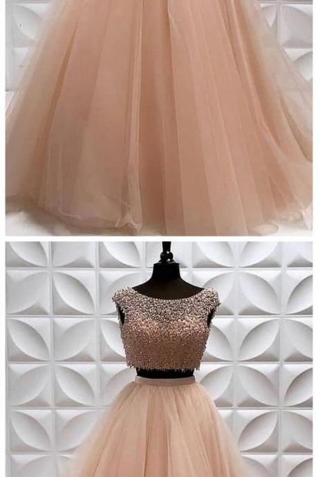 Two Pieces Beads Long Prom Dress, Champagne Evening Dress