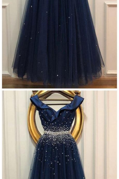 Dark Blue Tulle Sequin Long Prom Dress, Tulle Evening Dress