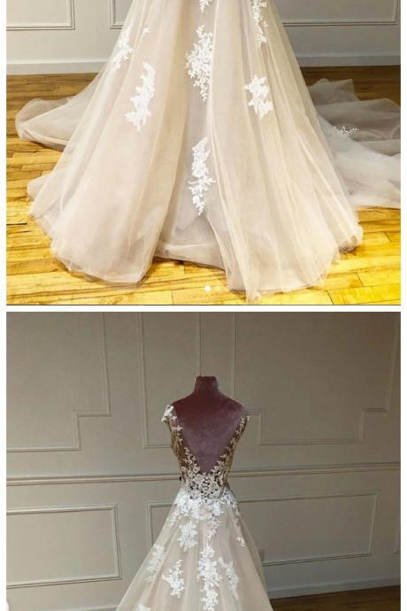 Creamy Tulle Open Back Long Cap Sleeve Tulle Prom Dress, Evening Dress
