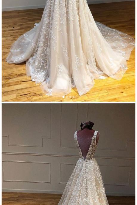 White Tulle Lace V Neck Long Train Open Back Formal Prom Dress