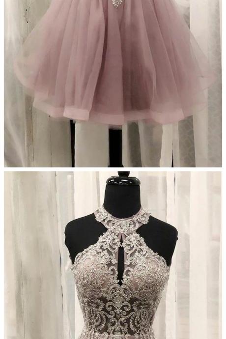 Cute Pink Lace Tulle Short Strapless Prom Dress, Mini Dress
