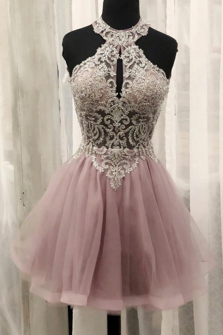 Cute Pink Lace Tulle Short Strapless Prom Dress, Mini Dress
