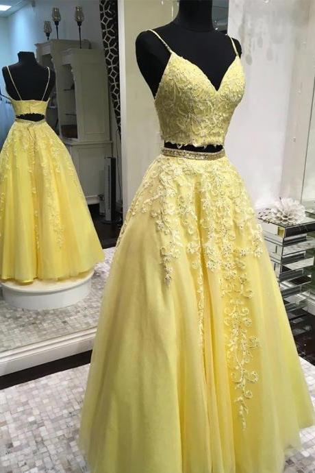 Yellow Tulle Lace V Neck Two Pieces Open Back Long Prom Dress, Homecoming Dress