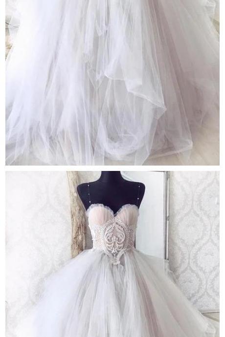 Sweetheart Neck Light Gray Tulle Strapless Long Lace Ball Gown, Evening Dress