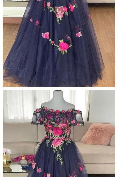 Navy Blue Tulle Off Shoulder Long Flower Lace Prom Dress, Formal Dress