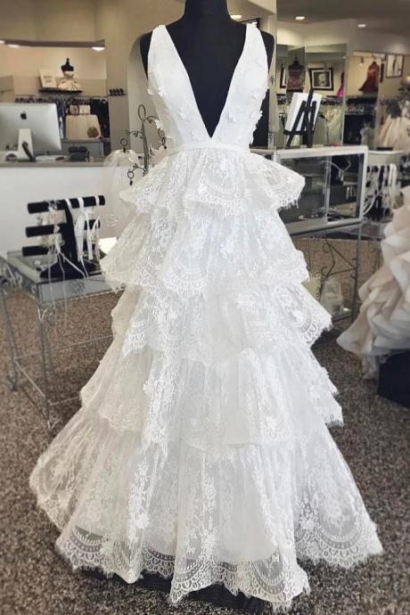 White Lace V Neck Long Layered Formal Prom Dress, Evening Dress