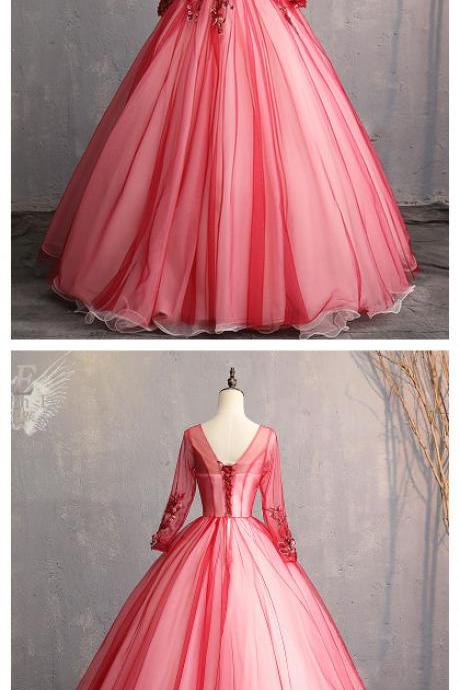 Red Tulle V Neck Long Sleeve Formal Prom Dress, Evening Dress