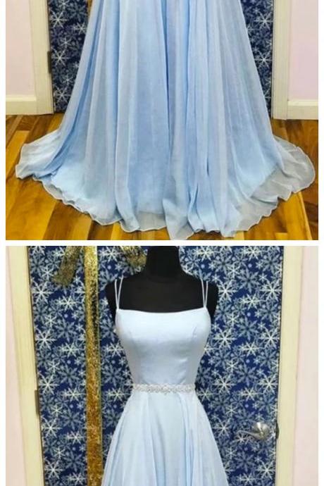 Baby Blue Satin Chiffon Beaded Waistline Long Prom Dress