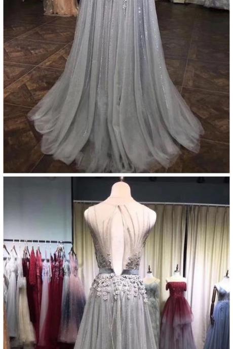 Gray Tulle 3d Flower Lace Applique Long Senior Prom Dress, Evening Dress