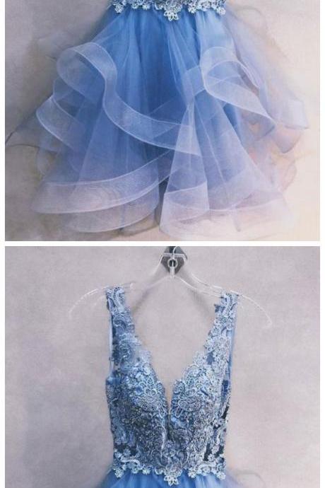 Blue Tulle Short Lace Layered Halter Prom Dress, Mini Homecoming Dress