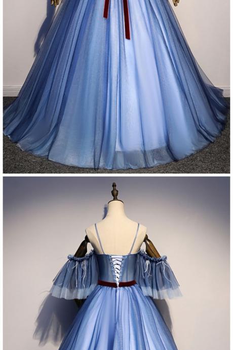 Blue Tulle Off Shoulder Puffy Sleeve Long Sweet 16 Prom Dress With Sash