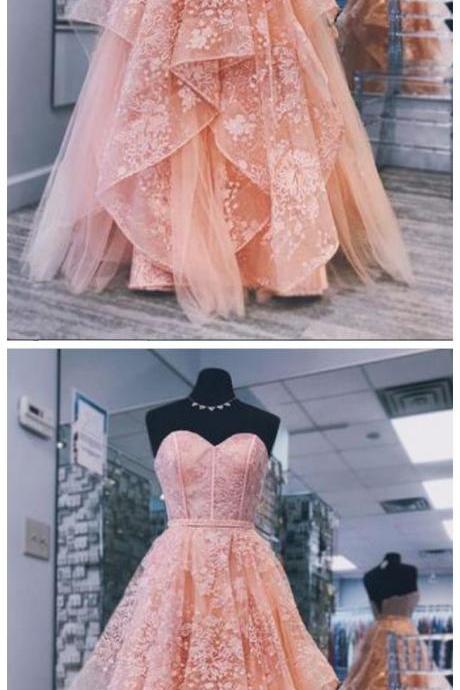Sweetheart Pink Lace Floor Length Evening Dress, Formal Prom Dress