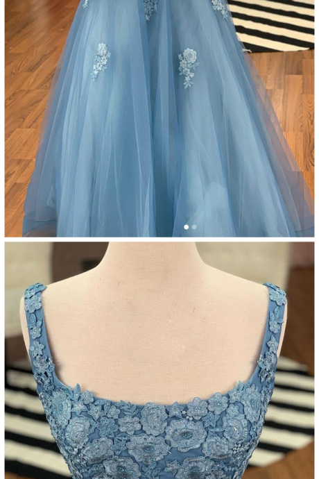 Blue Tulle Two Pieces Long Lace Prom Dress, Homecoming Dress