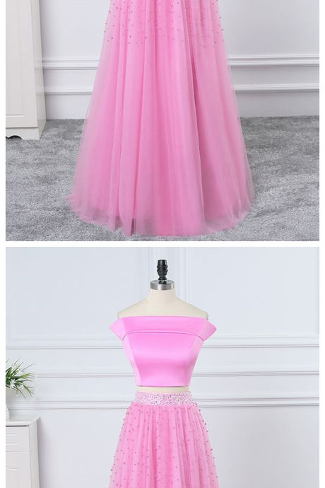 Pink Satin Tulle Two Pieces Strapless Long Beaded Prom Dress, Homecoming Dress