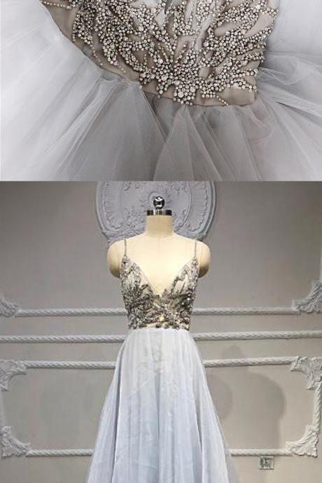 Unique Ivory Tulle Open Back Long Crystal Beaded Wedding Gown, Prom Dress