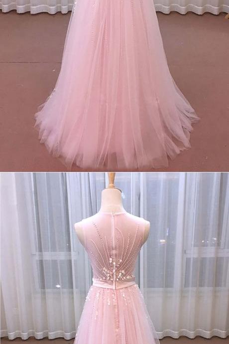 Pink Tulle Sequins Long Sweet 16 Prom Dress With Bowed Sash