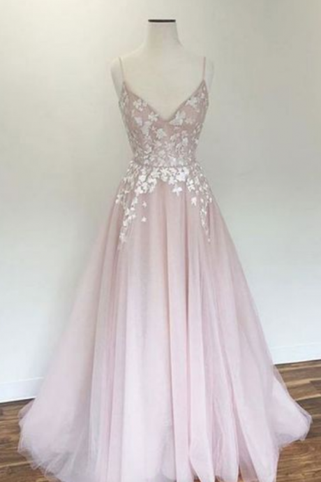 Light Pink V Neck Tulle Applique Long Prom Dress, Pink Evening Dress,formal Dress,party Dresses,fashion Prom Dress From Lass