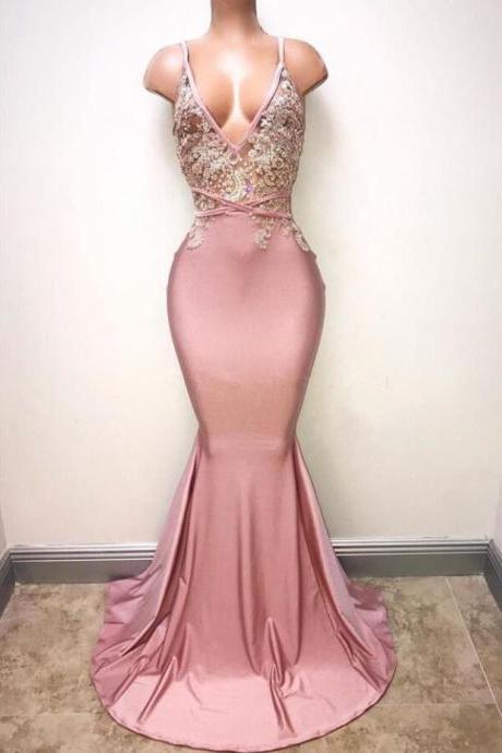 Pink V Neckline Mermaid Appliques Prom Dresses Evening Prom Gown