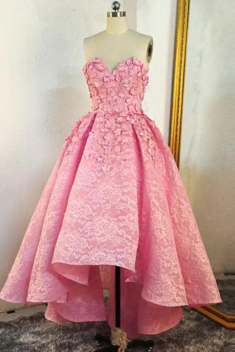 Pink Lace Sweetheart Neck High Low Homing Dress, Prom Dress With Applique