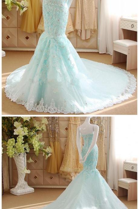 Ice Blue Lace Appliquéd And Beaded Embellished Floor Length Mermaid Prom Gown Featuring Sweetheart Bodice And Chapel Train