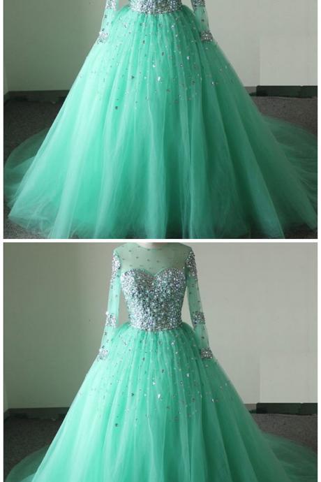 Mint Tulle Beaded Crystals Prom Dresses Long Sleeves Ball Evening Dresses O Neck Formal Gowns Sexy Party Pageant Dresses