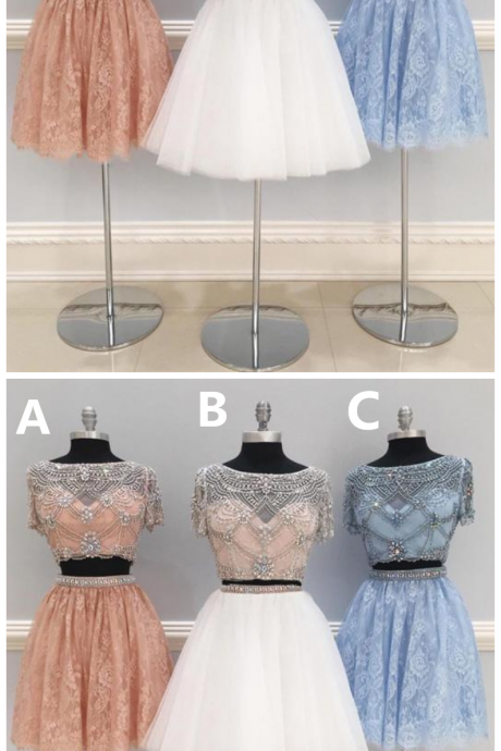 Cute Two Pieces Tulle Beads Short Prom Dress, Homecoming Dress