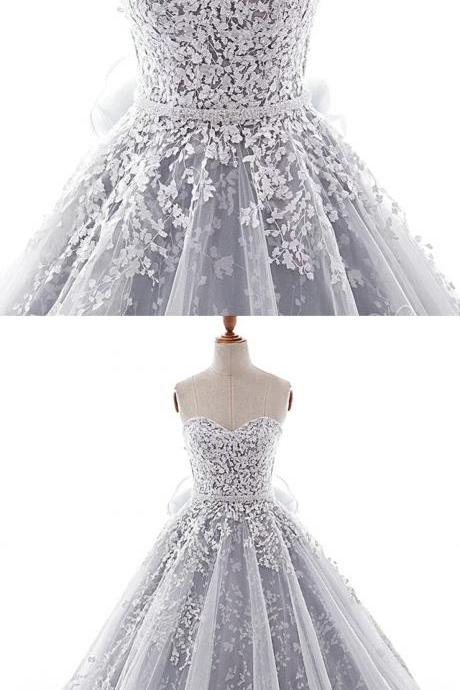 Sweetheart Neck Gray Organza Lace Applique Long Formal Prom Dress, Evening Dress