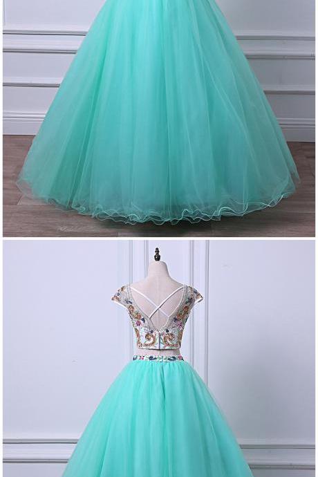 Mint Green Tulle Cap Sleeve Long Beaded Evening Dress, Prom Dress
