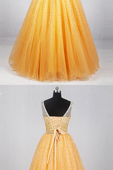 Gold Tulle Long Sequins Custom Size Formal Prom Dress, Evening Dress