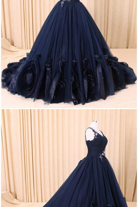 Navy Blue Tulle V Neck Long Lace Applique Formal Prom Dress, Evening Dress