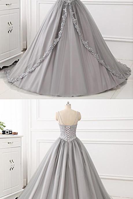 Gray Tulle Lace V Neck Spaghetti Straps Long Prom Gown, Evening Dress