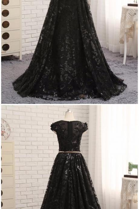 Black Lace Cap Sleeve Long Senior Prom Dress, Evening Dress With Belt