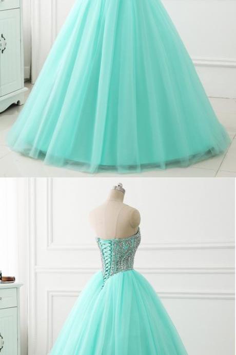 Sweetheart Neck Mint Tulle Beaded Long Ball Gown, Formal Prom Dress