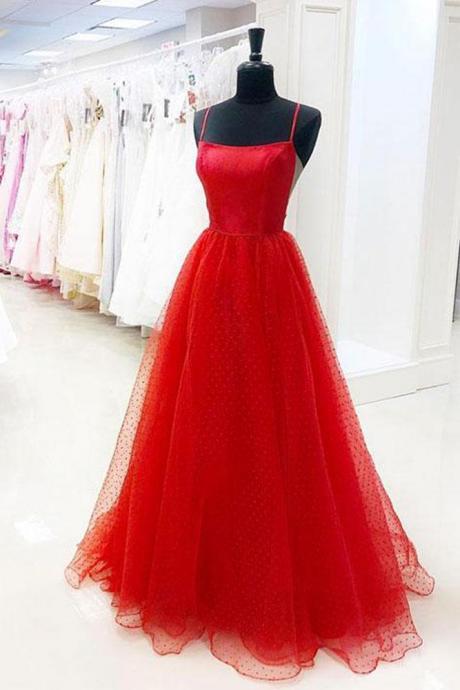 Simple Red Spot Tulle A Line Prom Dress, Red Evening Dress