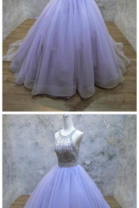 Unique Lavender Tulle Beaded Strapless Long Evening Dress