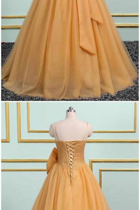 Gold Tulle Long Crystal Evening Dress, Sweet 16 Dress With Bow