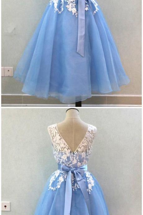 Light Blue Tulle Mid Length Lace Bridesmaid Dress, Prom Dress
