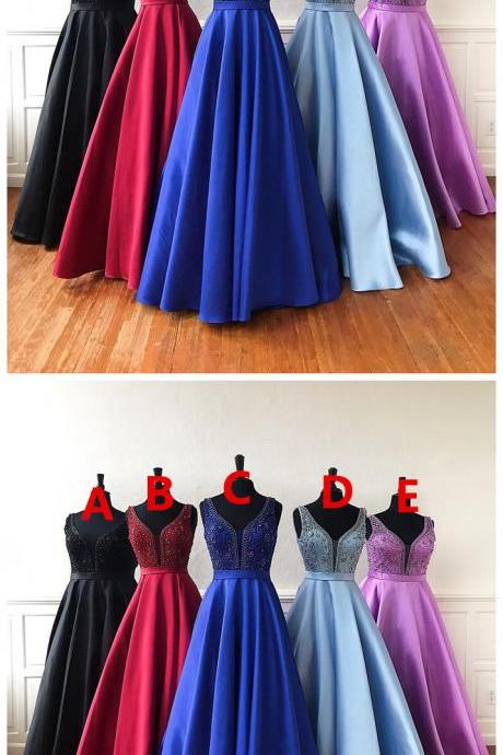 Multi-color Satin V Neck Beaded Long Winter Formal Dress, Evening Dress