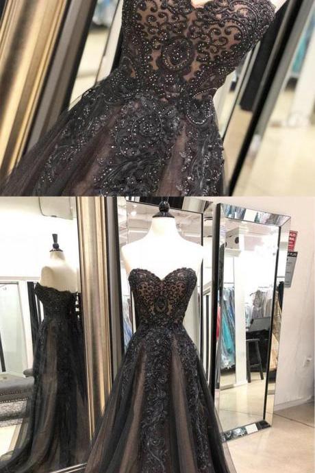 Black Tulle Long A Line Prom Dress With Lace Applique