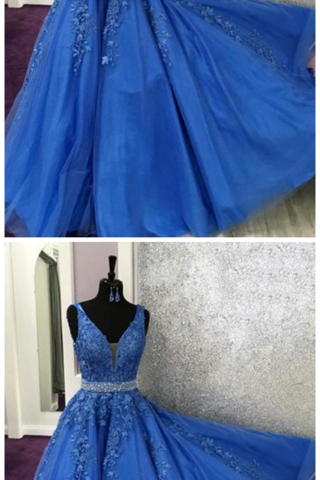 Blue V Neck Tulle Long Beaded Prom Dress, Blue Evening Dress With Lace