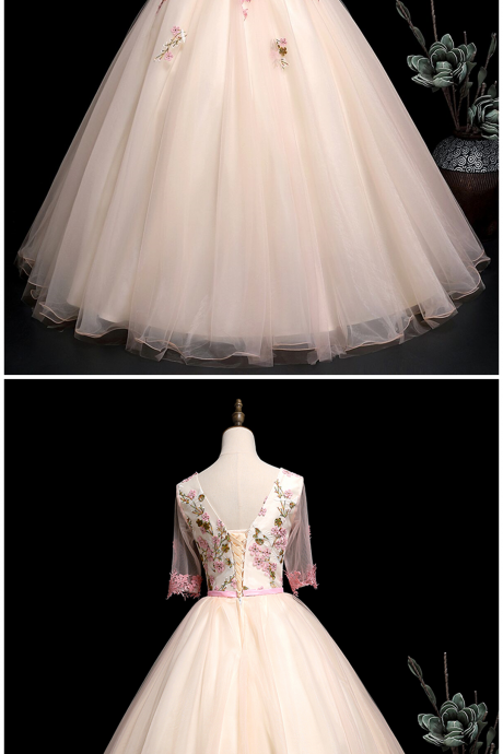 Unique Pink Tulle V Neck Long Lace Applique Evening Dress With Mid Sleeve