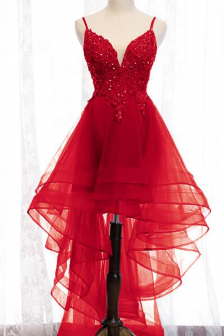 Red Tulle V Neck High Low Homecoming Dress Prom Dress