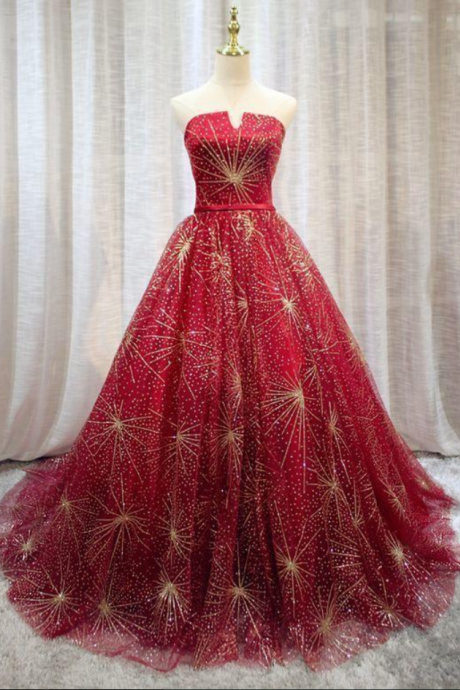 Shinny Red Tulle A Line Customize Long Strapless Dress Evening Dress