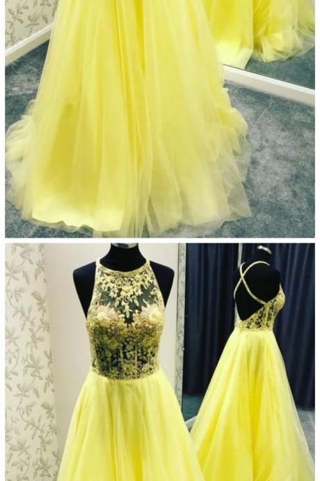 Yellow Tulle Lace Round Neck Long Open Back Prom Dress Evening Dress