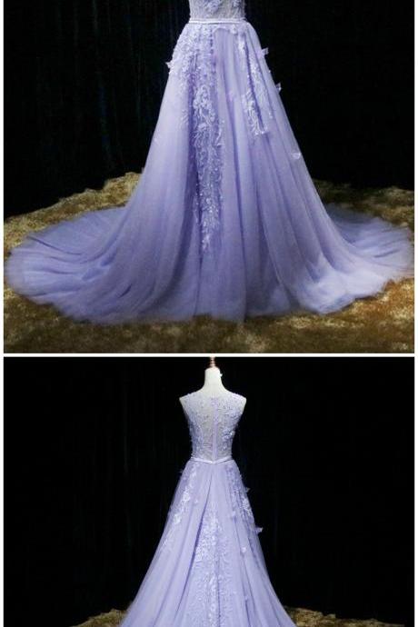 Violet Tulle Crystal Long Embroidery Senior Prom Dress, Long Pageant Prom Gown