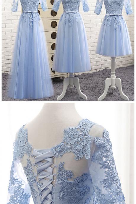 Light Blue Tulle Mid Sleeves Long A-line Bridesmaid Dress, Prom Dress