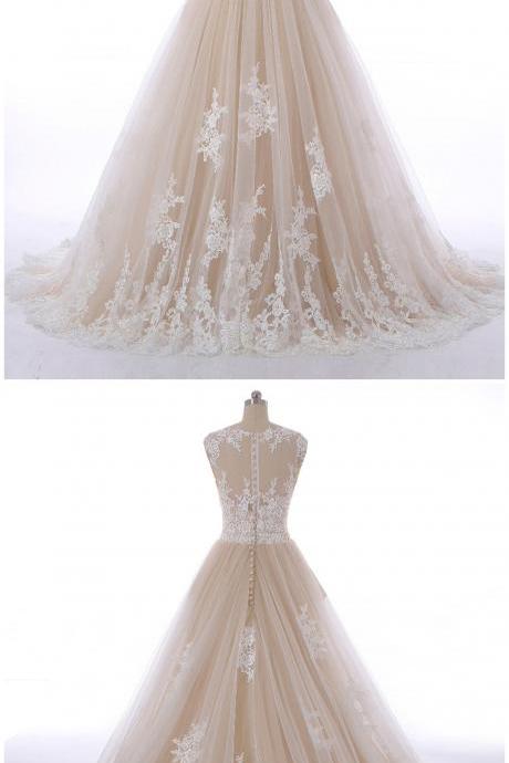 Champagne Tulle A-line Customize Long Evening Dress, Long Senior Prom Dress With Lace Appliqués