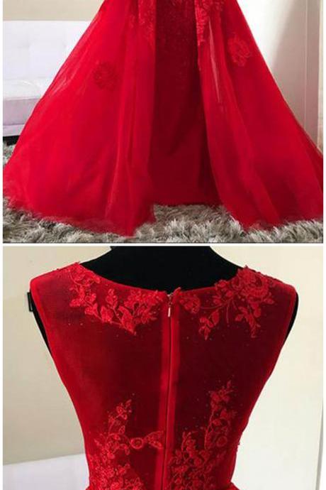 Red tulle O neck long lace A-line halter senior prom dress, red evening dress
